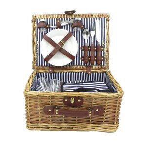 Cape May Wicker Picnic Basket with Leather Accents, Cutlery, Plates, Glasses